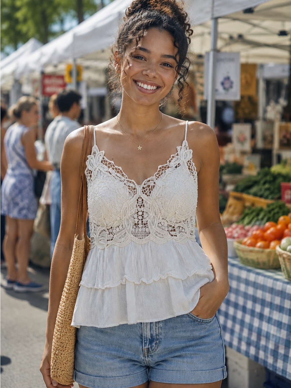 MOA MOA Boho Rayon Blend White Crochet Lace Tank Size Juniors Small